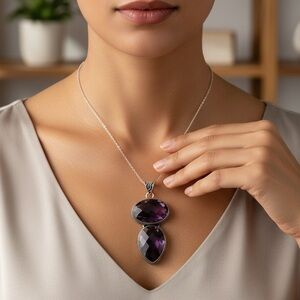 Antique Amethyst Pendant Necklace, Sterling Silver, Charm Gemstone, State…